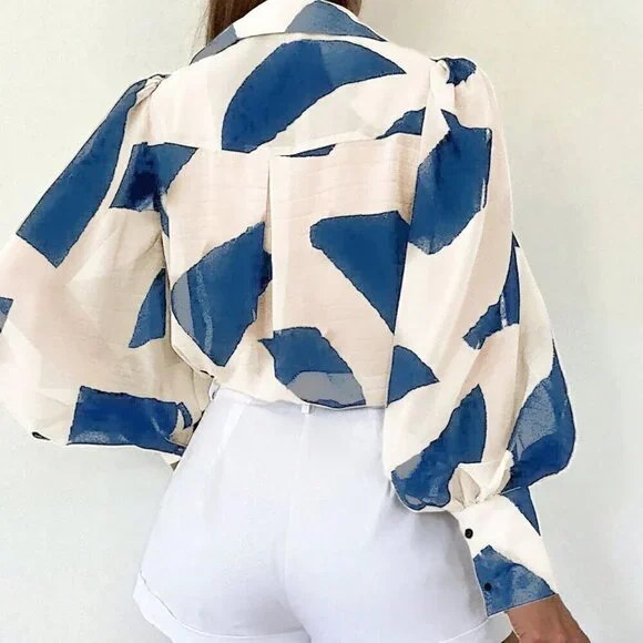 Blue Casual Women's Long Sleeve Allover Print Blouse Shirt - Picture 2 of 4